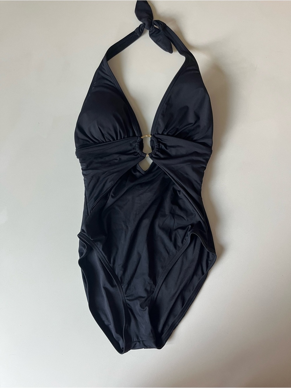 CARMEN MARC VALVO Swimwear Black Halter One Piece Swimsuit Gold Ring, Size 10